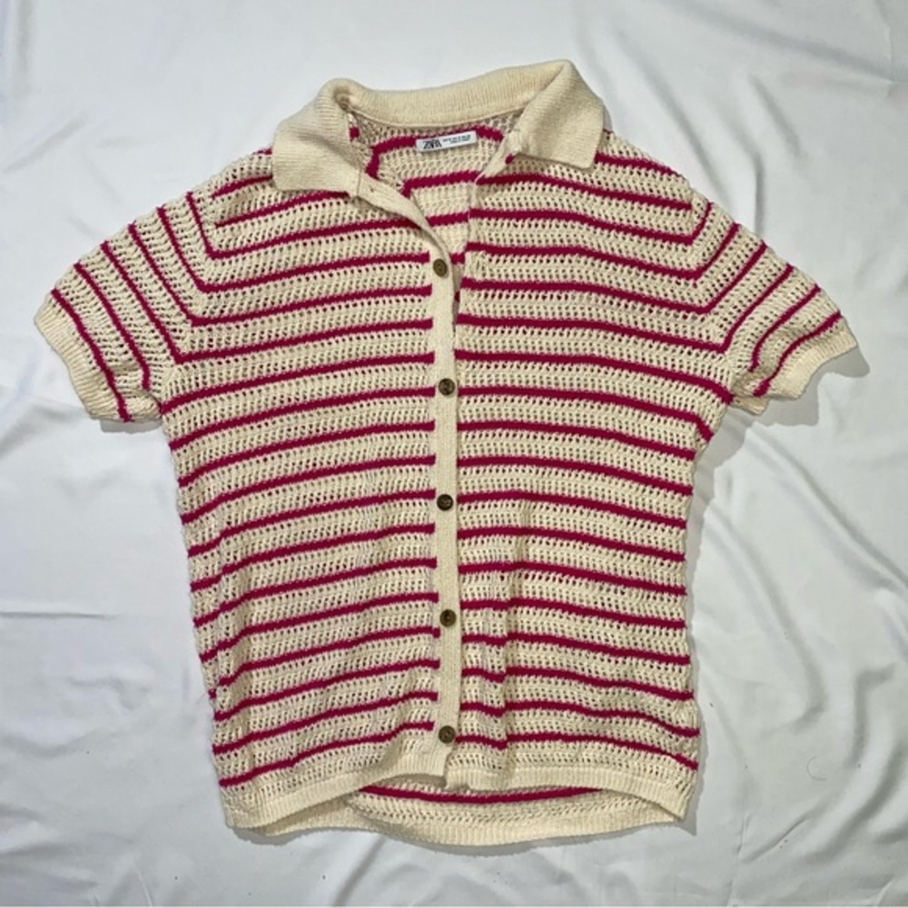 Zara Women's Pink and White Striped Crocheted Button Up Top Size Medium Y2K